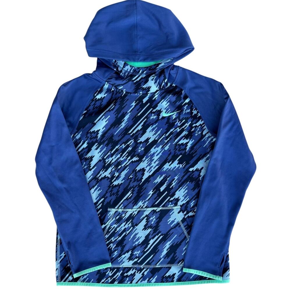 Nike Dri-Fit Therma Girls Blue Camo Fleece Hoodie Thumbholes Size XL 16/18